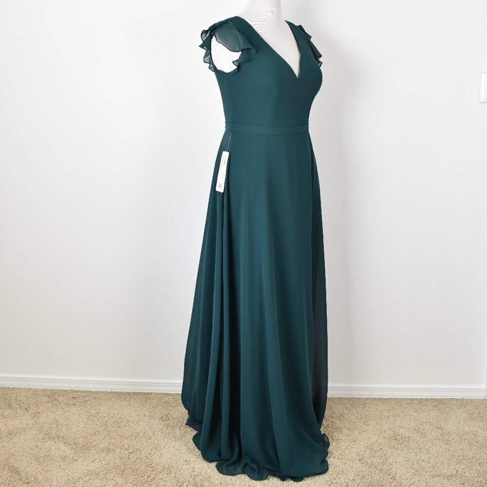 Azazie CLAUDINE Pine A-Line Flutter Sleeve Chiffon Dress NEW - 12 - Picture 9 of 11